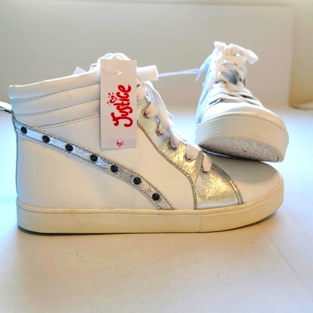 JUSTICE ELLIE Girls Sneakers White/ Silver Lace Up Zip Hi Top Size 9